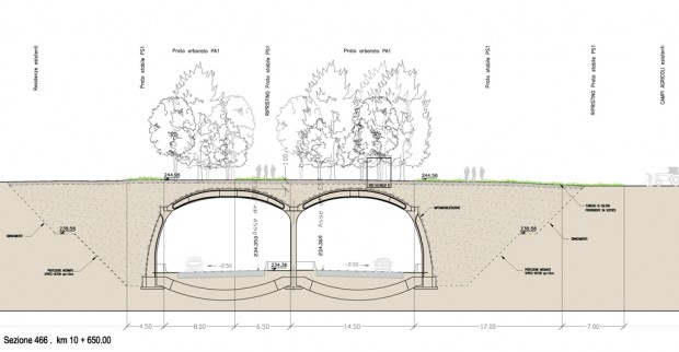 Sezione della Tratta A, prato arborato su galleria