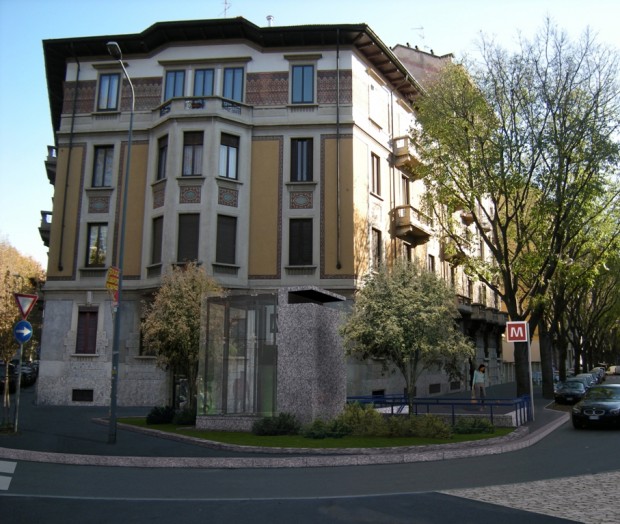 Fotoinserimento dell'ingresso della metropolitana in viale Argonne