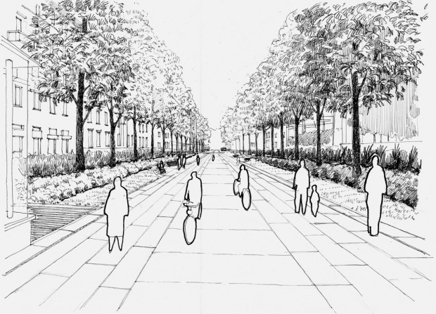 Prospettiva di progetto dall'ingresso della metropolitana in piazza Dateo