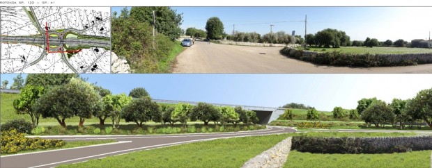Innesto del tracciato con la SP41 e 122, inquadramento della rotonda di progetto, prima e dopo l'intervento